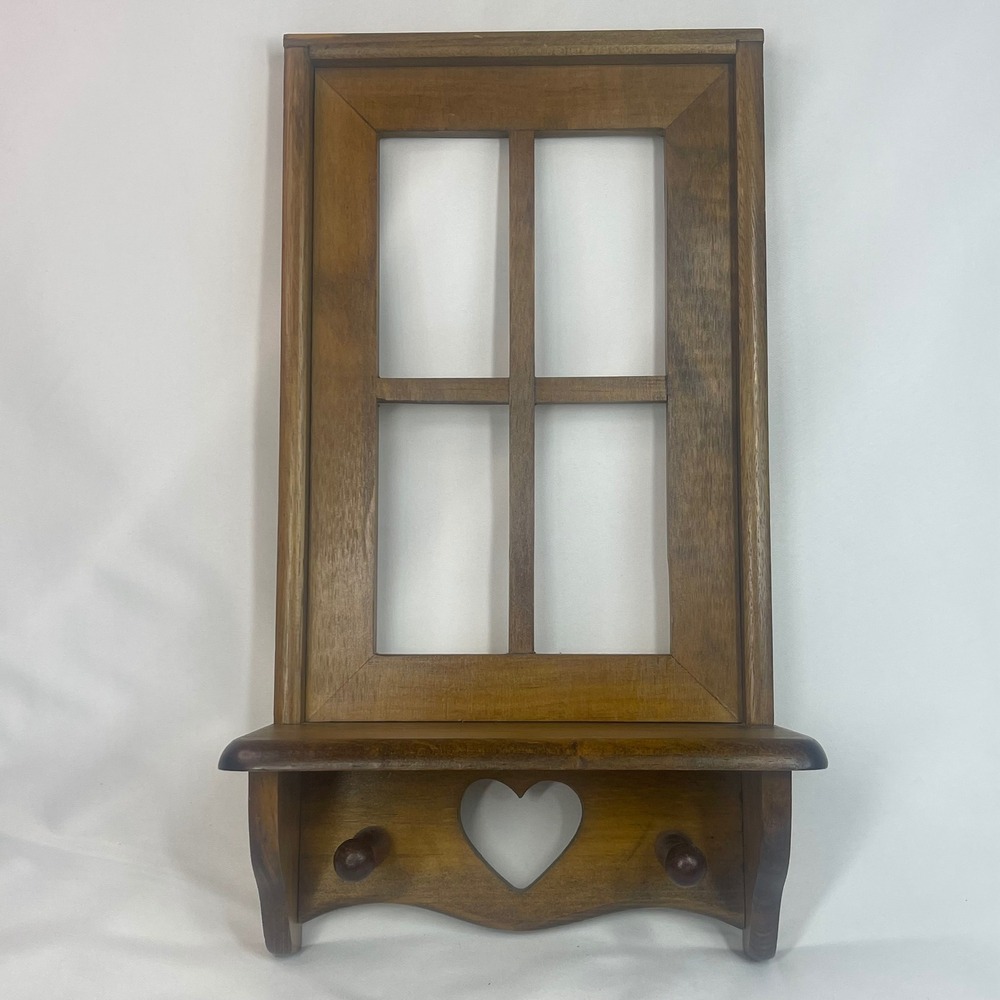 Vintage Rustic Solid Wood Window Pane Wall Shelf with Heart Cutout and Pegs